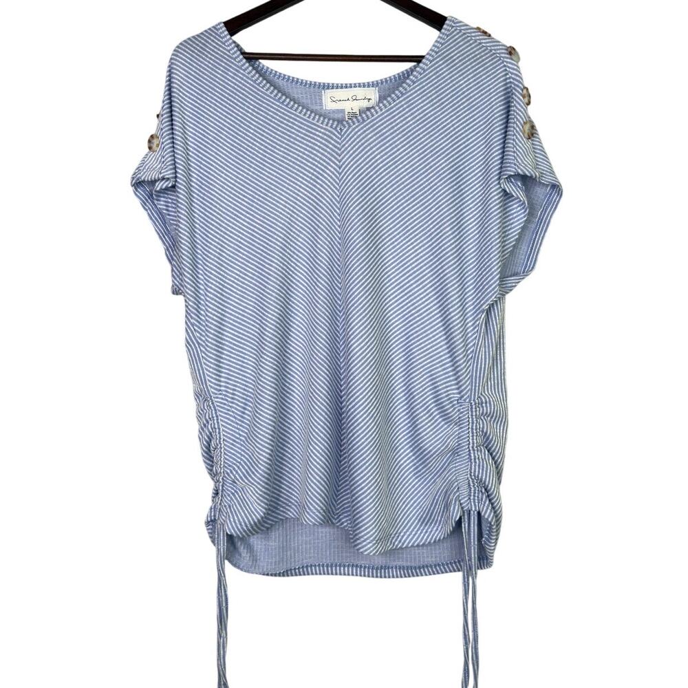 French Laundry V Neck Short Sleeve Button Shoulders Drawstring Side L Blue White